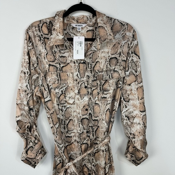 BB Dakota Python Print Shirt Dress Reptile Snakeskin Button Down Midi Dress Tan - Picture 3 of 8